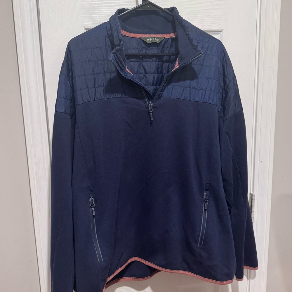 Orvis Men's Navy Zip-Up Sweater with Quilted Shoulders and Elbows